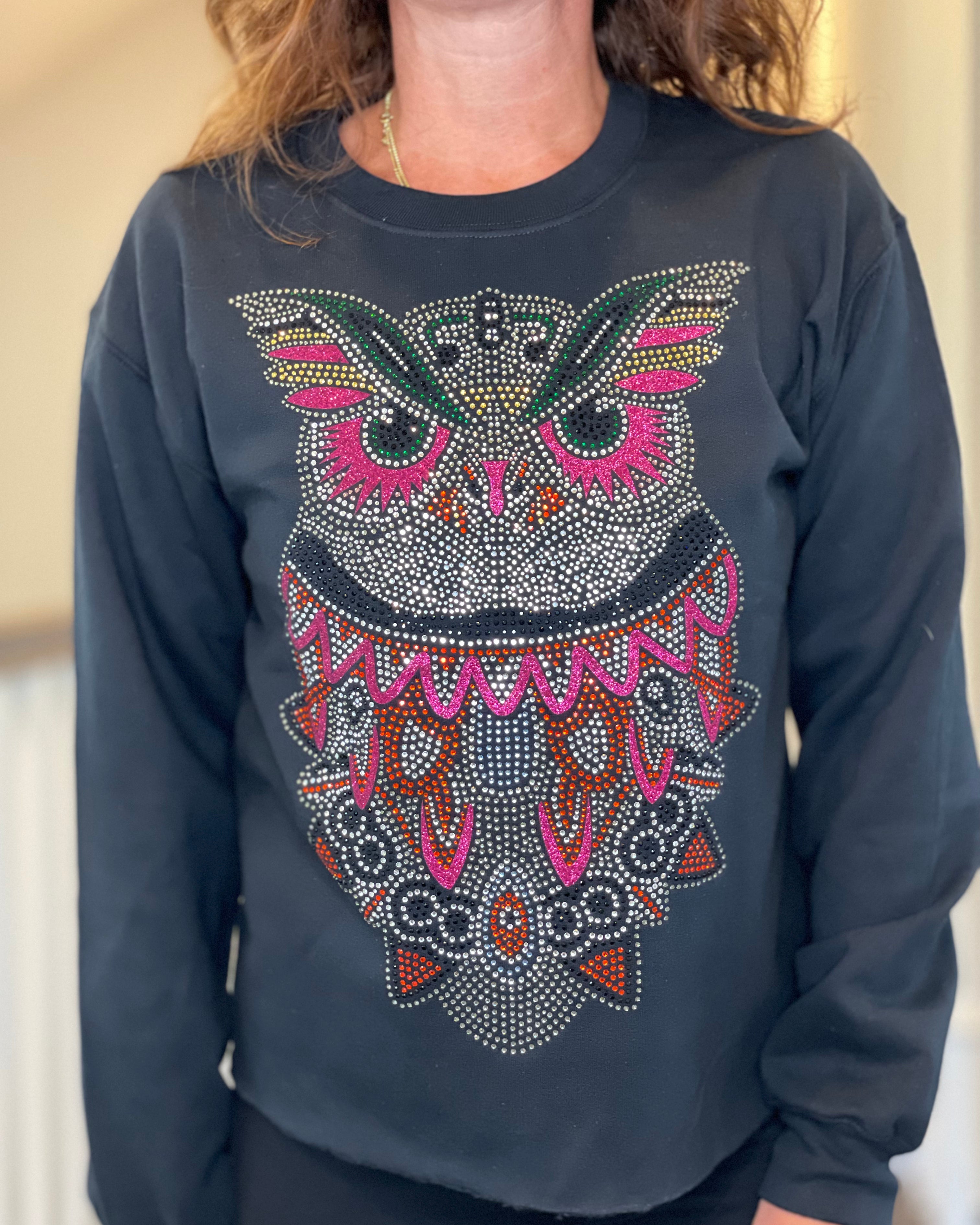 Rhinestone Owl Sweatshirt in Black.
