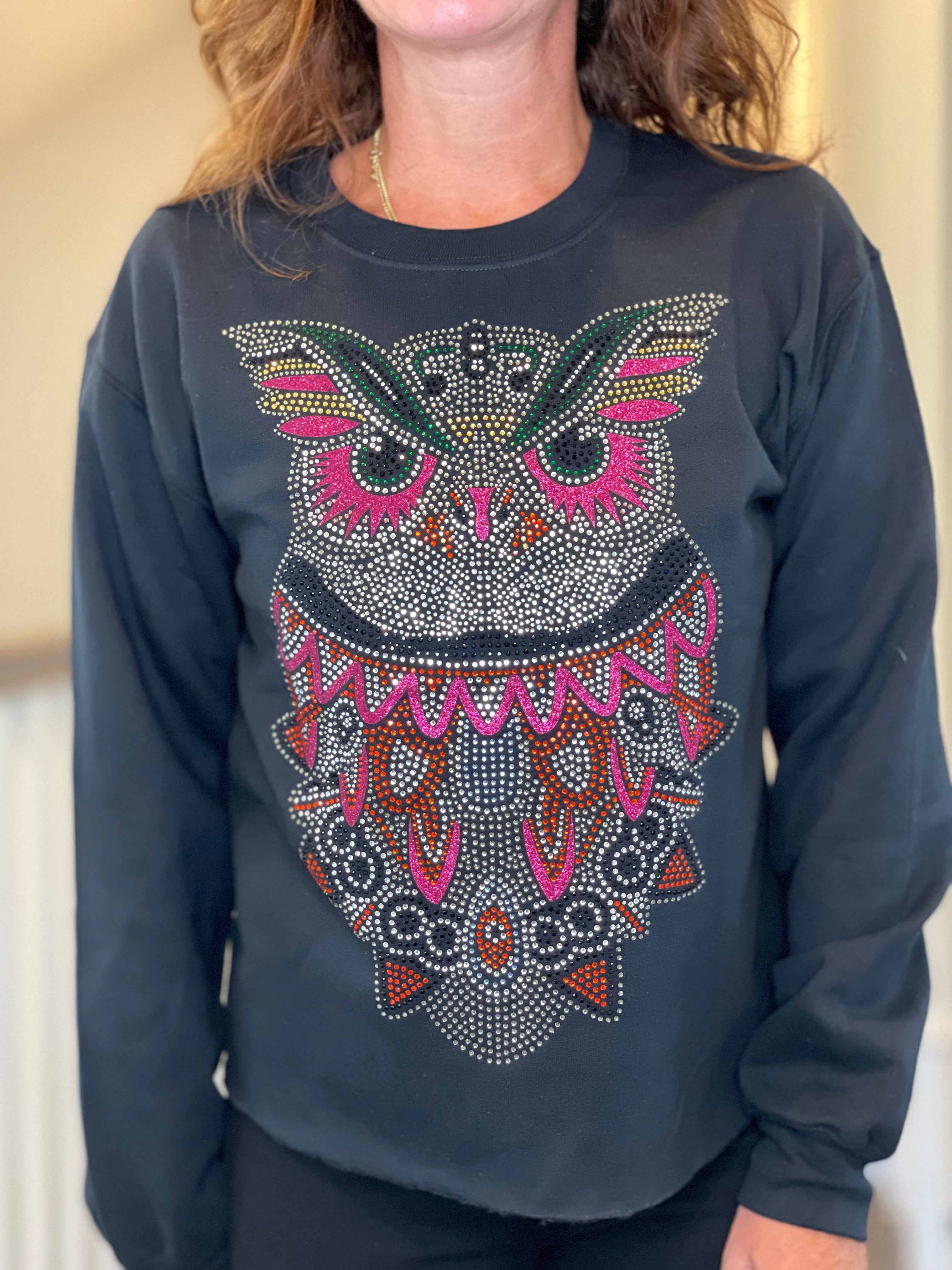 Rhinestone Owl Sweatshirt in Black.